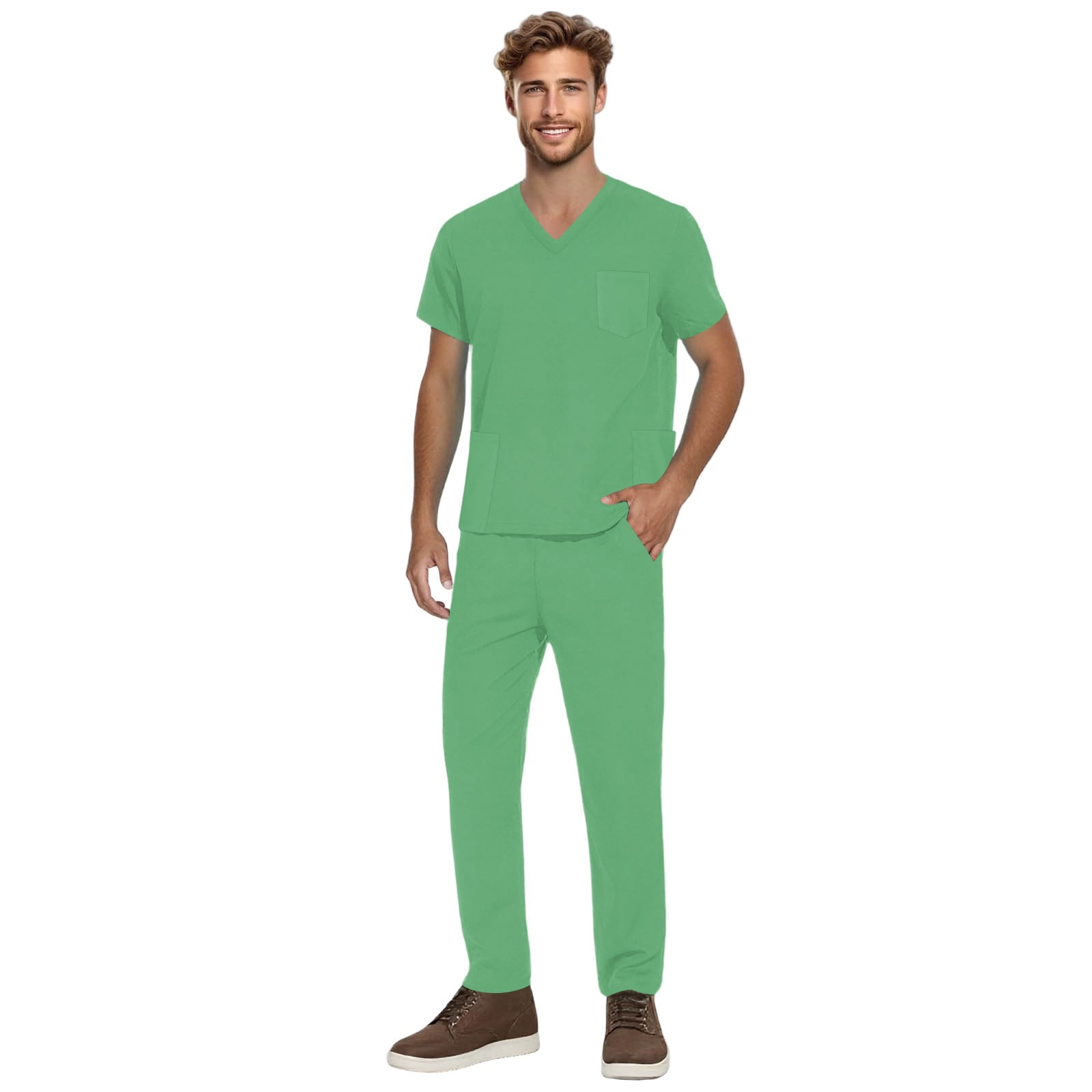Scrubs for Men Set Stretchy Nurse Uniform V-Neck Short Sleeve Scrub & Yoga Jogger with Pockets Comfort Fits Hosptial Workwear Light Green XL