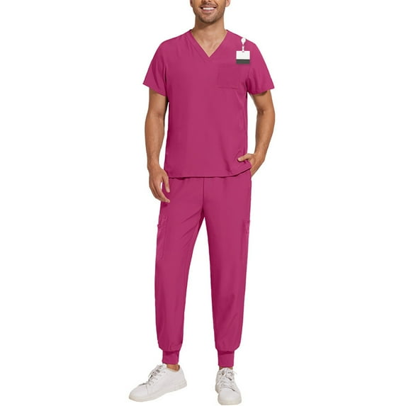 YOUYEDIAN Scrubs for Men Set Stretchy Nursing Uniform Vneck Short Sleeve Scrub Top & Jogger Pant with Multi-Pockets Classic Fit Hosptial Workwear Hot Pink L