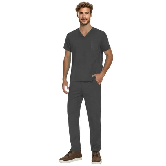 YOUYEDIAN Scrubs for Men Set Stretch Nurse Uniform Vneck Short Sleeve Scrub & Jogger Pant with Multi-Pockets Athletic Scrubs Sets Dark Gray S