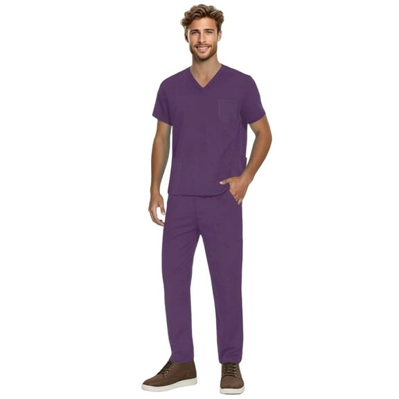 YOUYEDIAN Scrubs for Men Set Stretchy Medical Uniform Vneck Short Sleeve Scrub & Jogger Pants with Pocket Athletic Hosptial Workwear Dark Purple XL