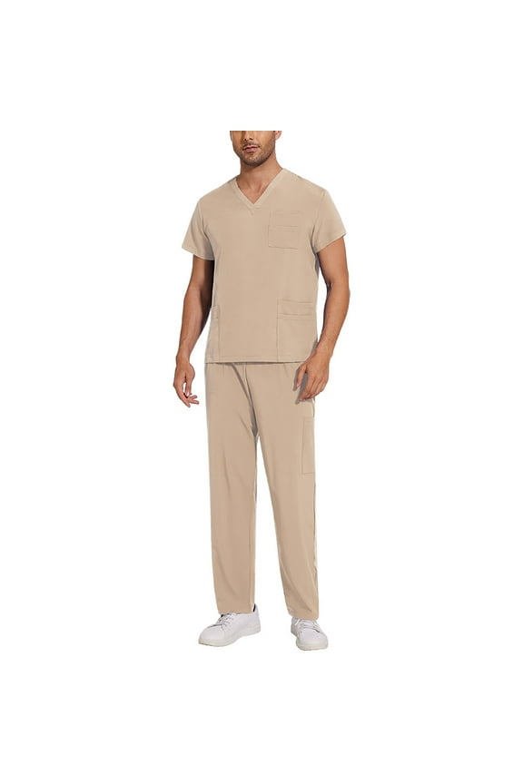 Scrubs for Men Set Stretchy Nurse Uniform Vneck Short Sleeve Scrubs & Jogger Pants with Multi-Pockets Athletic Scrubs Sets Beige M