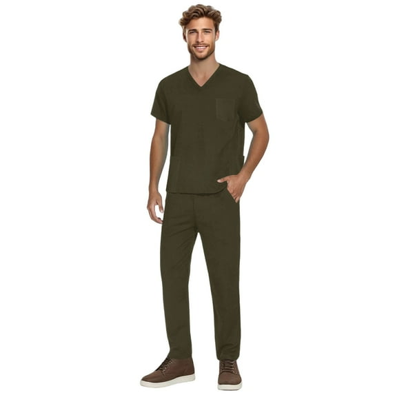 YOUYEDIAN Scrubs for Men Set Stretchy Nursing Uniform Vneck Short Sleeve Scrubs & Yoga Jogger with Pockets Athletic Scrubs Sets Dark Green S