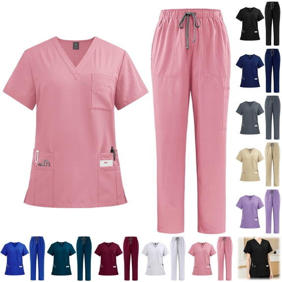 YOUYEDIAN Scrubs for Women Quick Dry Nurse Uniform Short Sleeve V Neck Scrub Tops Elastic Waist Wide Leg Scrub Pants