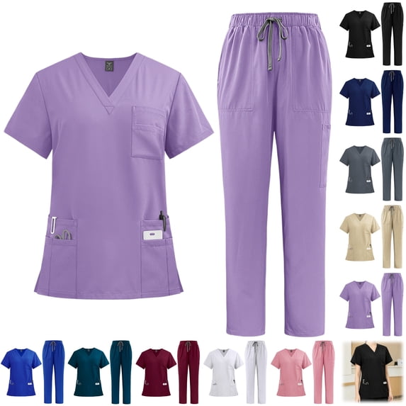 YOUYEDIAN Scrubs for Women Quick Dry Nurse Uniform Short Sleeve V Neck Scrub Tops Elastic Waist Wide Leg Scrub Pants