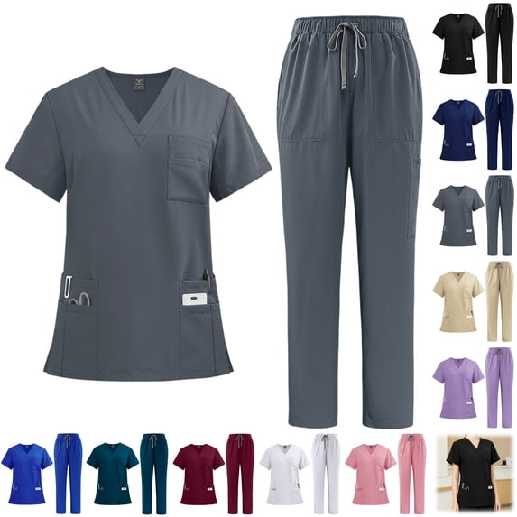 YOUYEDIAN Scrubs for Women Quick Dry Nurse Uniform Short Sleeve V Neck Scrub Tops Elastic Waist Wide Leg Scrub Pants