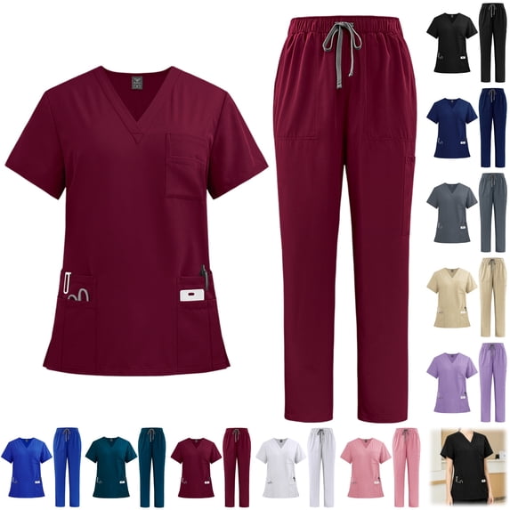 YOUYEDIAN Scrubs for Women Quick Dry Nurse Uniform Short Sleeve V Neck Scrub Tops Elastic Waist Wide Leg Scrub Pants