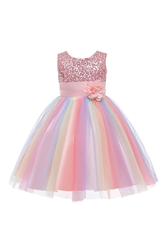 Sequin Flower Girl Dress Tulle Sleeveless Rainbow Dress for Wedding Party (Pink, 6-7 Years)