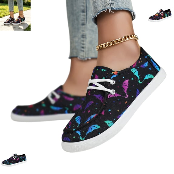 YOUYEDIAN Sneakers for Women Halloween Fashion Print Round Toe Comfy Versatile Slip On Flats Casual Lace-up Design Canvas Walking Shoes