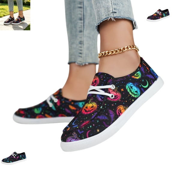 YOUYEDIAN Sneakers for Women Halloween Fashion Print Round Toe Comfy Versatile Slip On Flats Casual Lace-up Design Canvas Walking Shoes