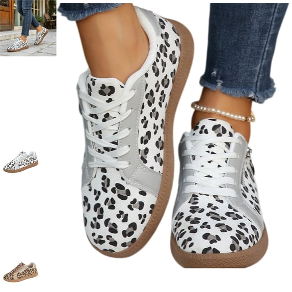 YOUYEDIAN Sneakers for Women Lace-up Versatile Round Toe Retro Fashion Leopard Print Flat Sneakers Platform Non Slip Comfy Outdoor Walking Shoes