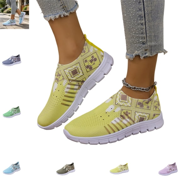 YOUYEDIAN Sneakers for Women Versatile Print Comfy Slip On Casual Round Toe Soft Mesh Flat Sneakers Fashion Platform Breathable Walking Shoes