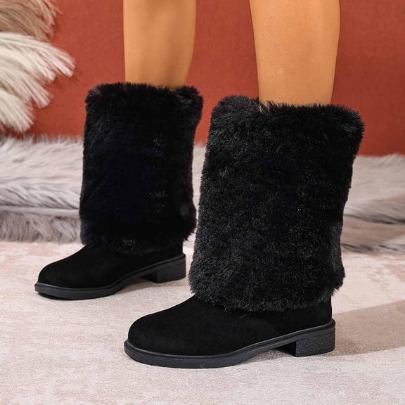 YOUYEDIAN Snow Boots for Women Cute Faux Fur Lined Mid Calf Boots Comfortable Fuzzy Warm Shoes Soft Round Toe Winter Boot Y2k Black