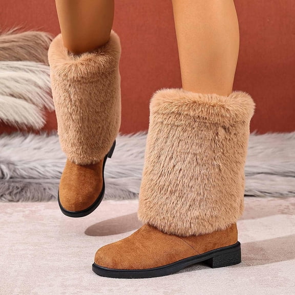 YOUYEDIAN Snow Boots for Women Cute Faux Fur Lined Mid Calf Boots Comfortable Fuzzy Warm Shoes Soft Round Toe Winter Boot Y2k Brown