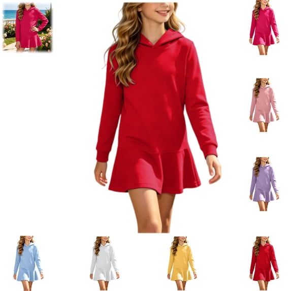 YOUYEDIAN Solid Color Hoodie Dress for Girls Casual Fashion Long Sleeve Hooded Mini Dress