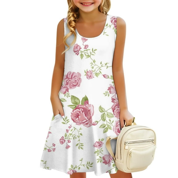 YOUYEDIAN Spring Girls Dresses Size 10-12 2025 Summer Cute Dresses Sleeveless Midi Dress Floral Print Scoop Neck Sun Dress Vacation Dress,Dark Purple 6-8 Years