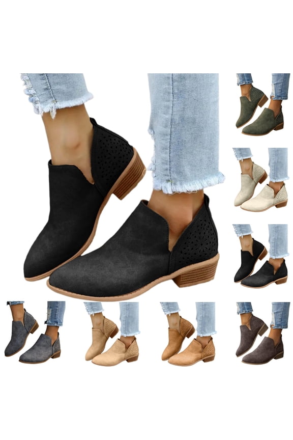Summer Booties for Women Casual Ankle Low Heel Boots Fall Chunky Comfortable Short Wedge Shoes (Black)
