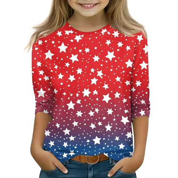 YOUYEDIAN Teen Girls 3/4 Sleeve Shirts 6-7 Floral Print Top Crew Neck T Shirt Casual Tees Watermelon Red 6-7 Years