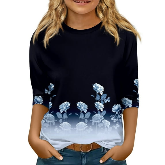 YOUYEDIAN Teen Girls 3/4 Sleeve Shirts Size 8-9 Floral Print Top Crew Neck T-Shirt Cute Tees Blue 8-9 Years
