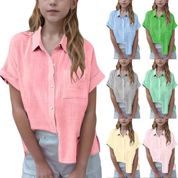 YOUYEDIAN Teen Girls Cotton Linen Shirts Lapel Short Sleeve Button Down Blouses Kids Summer Casual Lightweight Solid Beach Tops (Pink, 11-12 Years)