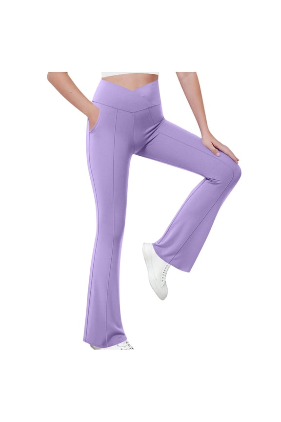 Teen Girls Flared Yoga Pants Kids High Waist Tummy Control Bell Bottoms Leggings Gym Workout Crossover Bootcut Trousers (Purple, 11-12 Years)