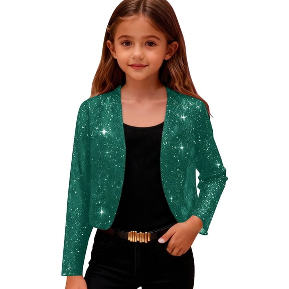 YOUYEDIAN Teen Girls Sequin Cardigan Jackets Kids Open Front Sparkly Long Sleeve Crop Tops Shiny Bling Dressy Casual Holiday Party Outfits (Green, 9-10 Years)