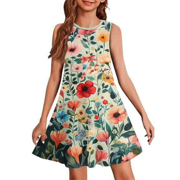 YOUYEDIAN Toddler Dress 2025 Summer Cute Sleeveless Sundresses Floral Print Red Crewneck Dress Flowy Midi Dress,Red 4-5 Years