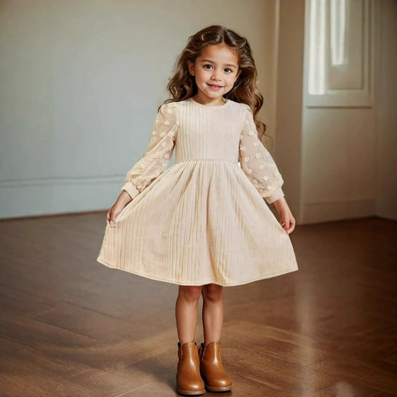 YOUYEDIAN Toddler Girls Dresses Fancy Long Sleeve Midi Dresses 2025 New Ruffle Princess Dresses Soft Cotton Dresses Beige 11-12 Years