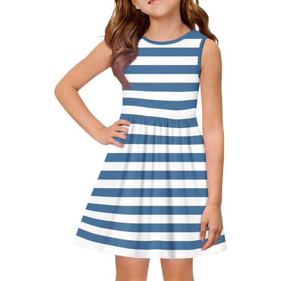 YOUYEDIAN Toddler Girls Striped Summer Dress Kids Cute Sleeveless Dresses Teen Casual Patchwork Crew Neck Sundress (Blue, 9-10 Years)