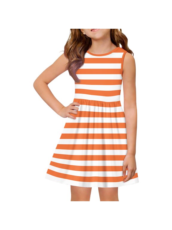 Toddler Girls Striped Summer Dress Kids Cute Sleeveless Dresses Teen Casual Patchwork Crew Neck Sundress (Saffron, 6-7 Years)