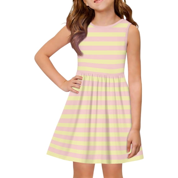 YOUYEDIAN Toddler Girls Striped Summer Dress Kids Cute Sleeveless Dresses Teen Casual Patchwork Crew Neck Sundress (Yellow, 9-10 Years)