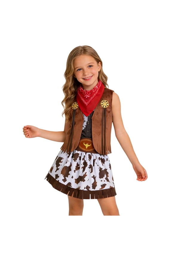 Toddler Girls Western Style Outfits Baby Little Kids Cowgirl Party Skirt with Vest (Brown, 4-5 Years)