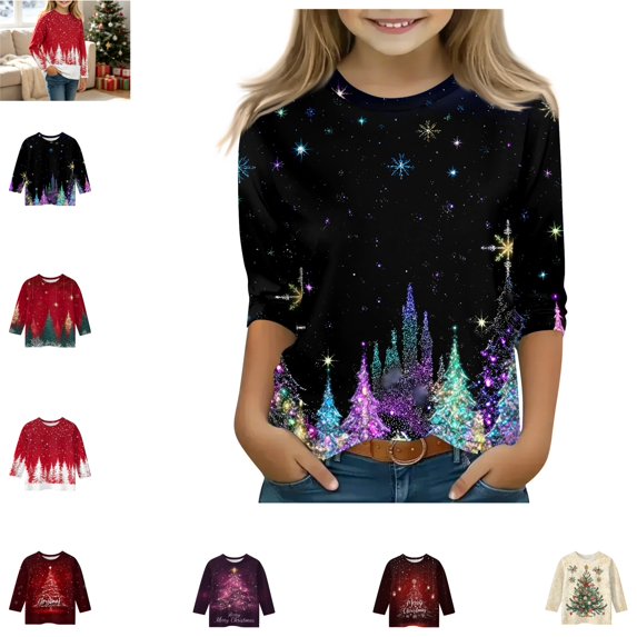 YOUYEDIAN Toddler Long Sleeve Top Fashion Christmas Print Comfortable Loose Versatile Crew Neck Soft Shirt Casual Outdoor Breathable Pullover Blouse