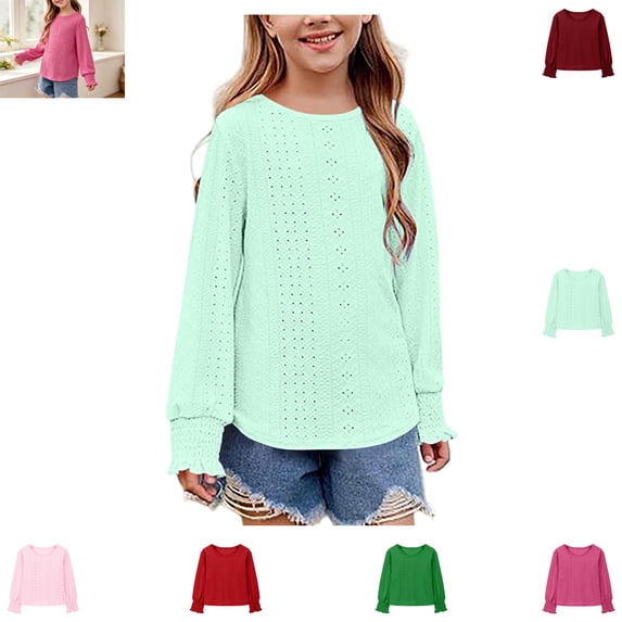 YOUYEDIAN Toddler Long Sleeve Top Spring Fall Versatile Solid Color Comfy Fashion Hollowed-out Round Neck Blouse Casual Loose Breathable Pullover Shirt