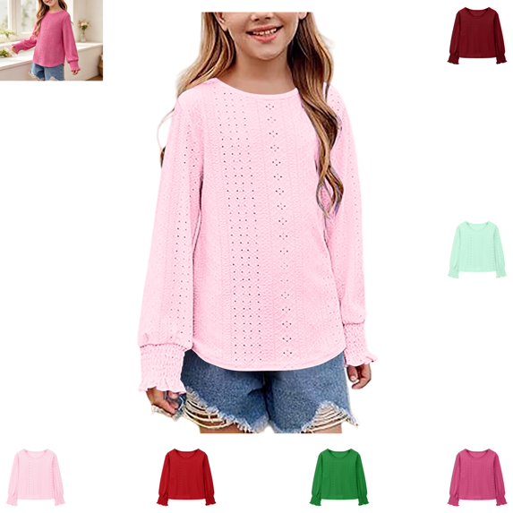 YOUYEDIAN Toddler Long Sleeve Top Spring Fall Versatile Solid Color Comfy Fashion Hollowed-out Round Neck Blouse Casual Loose Breathable Pullover Shirt