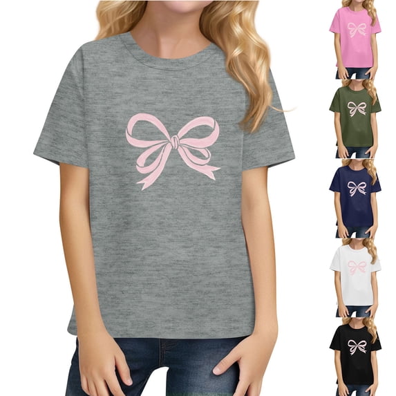 YOUYEDIAN Top for Girls Summer Y2k Short Sleeve Bow Graphic T Shirts Teen Fashion Crew Neck Clothes (Gray, 8-9 Years)