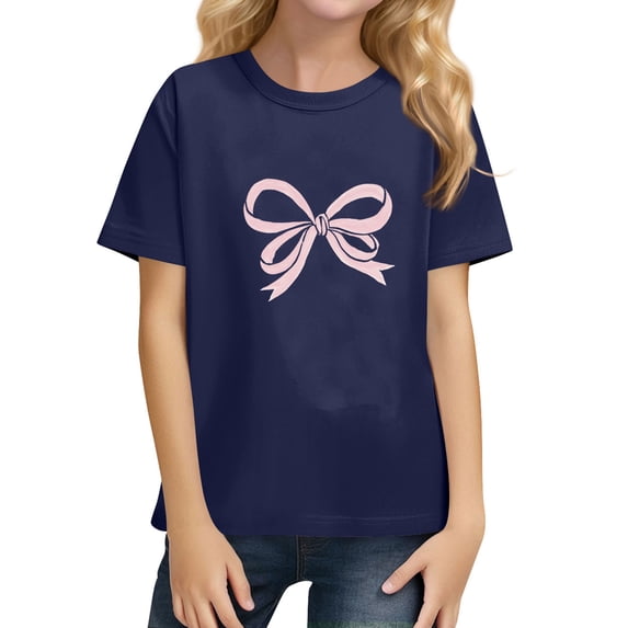 YOUYEDIAN Top for Girls Summer Y2k Short Sleeve Bow Graphic T Shirts Teen Fashion Crew Neck Clothes (Navy, 11-12 Years)