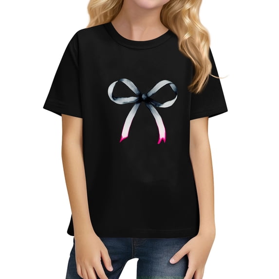 YOUYEDIAN Tops for Girls Summer Athletic Short Sleeve Bow Print Tshirts Teen Fashion Crewneck Blouses (Black, 8-9 Years)