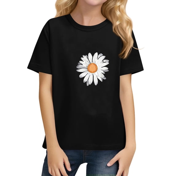 YOUYEDIAN Tops for Girls Summer Short Sleeve Crew Neck Basic T-Shirt Teen Fashion Y2k Blouses (Black, 6-7 Years)
