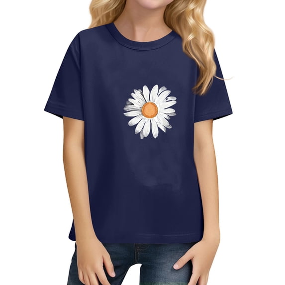 YOUYEDIAN Tops for Girls Summer Short Sleeve Crew Neck Basic T-Shirt Teen Fashion Y2k Blouses (Navy, 9-10 Years)