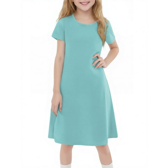 YOUYEDIAN Turquoise Dresses for Girls 2025 Summer Cute Dresses Short Sleeve Plain Tshirt Dress Crew Neck a Line Dresses,Turquoise 5-6 Years