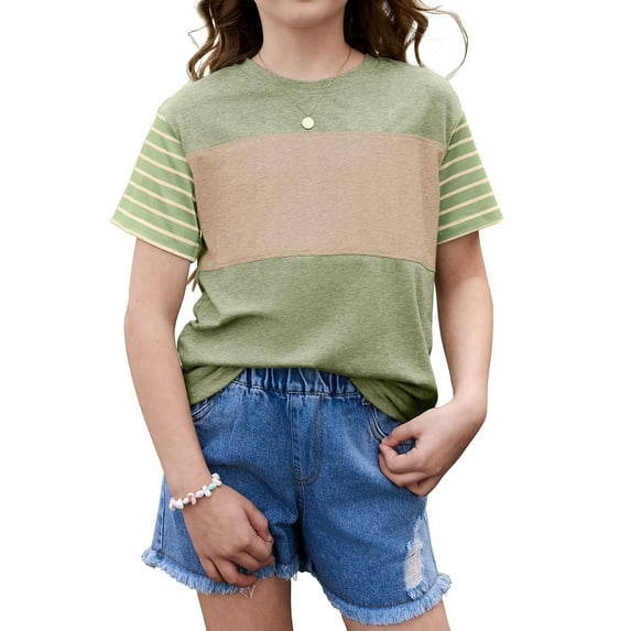 YOUYEDIAN Tween Girls Summer Shirts Short Sleeve Color Block Tops (Coffee, 8-9 Years)