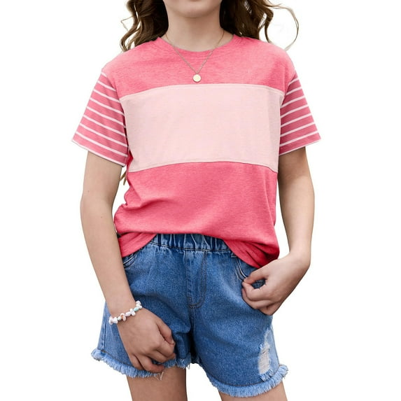 YOUYEDIAN Tween Girls Summer Shirts Short Sleeve Color Block Tops (Pink, 3-4 Years)