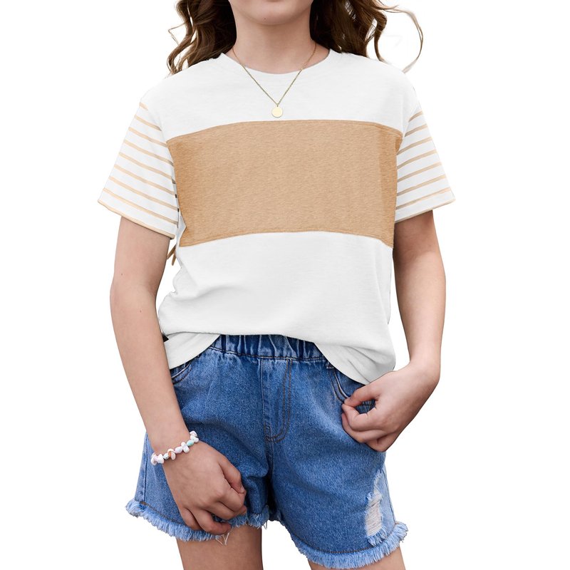 YOUYEDIAN Tween Girls Summer Shirts Short Sleeve Color Block Tops (White, 11-12 Years)