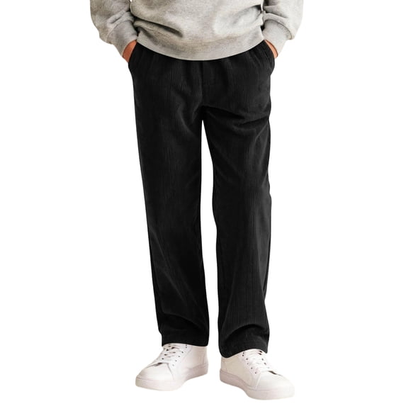 YOUYEDIAN Vintage Corduroy Pants Boys Casual Elastic High Waisted Straight Leg Pull On Trousers Loose Comfy Slacks with Pockets (Black, 8-9 Years)