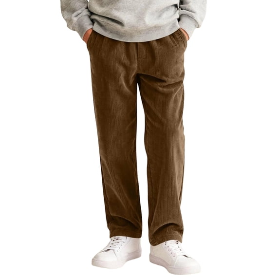 YOUYEDIAN Vintage Corduroy Pants Boys Casual Elastic High Waisted Straight Leg Pull On Trousers Loose Comfy Slacks with Pockets (Coffee, 11-12 Years)