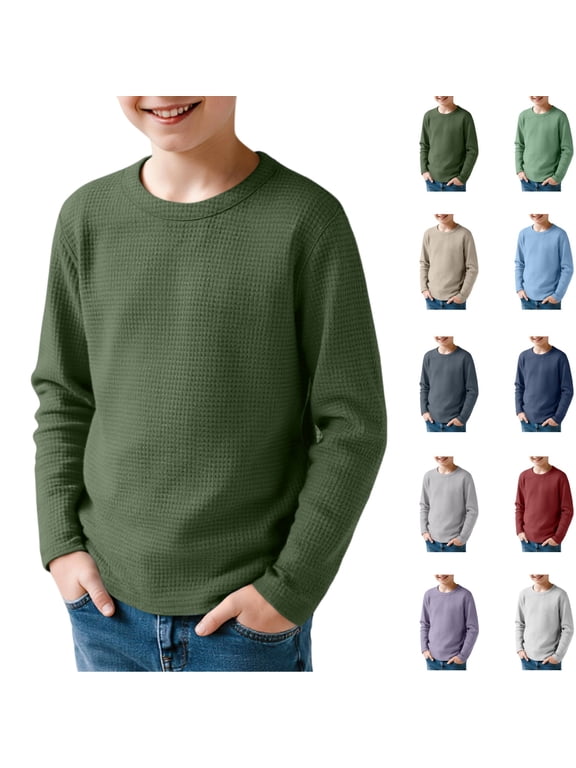 Waffle Long Sleeve T-Shirts Boys Kids Thermal Crew Neck Tops Youth Fall Warm Shirts Basic Tees
