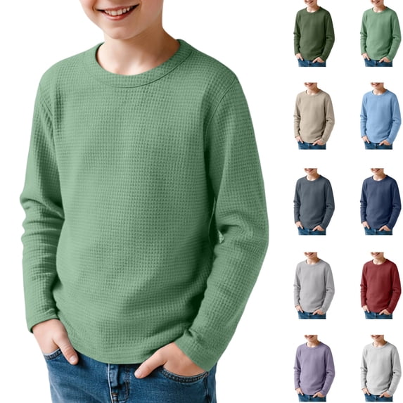 YOUYEDIAN Waffle Long Sleeve T-Shirts Boys 4-14 Years Kids Thermal Crew Neck Tops Youth Fall Warm Shirts Basic Tees (Light Green, 8-9 Years)