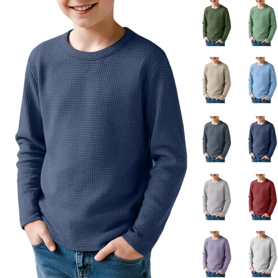 YOUYEDIAN Waffle Long Sleeve T-Shirts Boys 4-14 Years Kids Thermal Crew Neck Tops Youth Fall Warm Shirts Basic Tees (Navy, 11-12 Years)