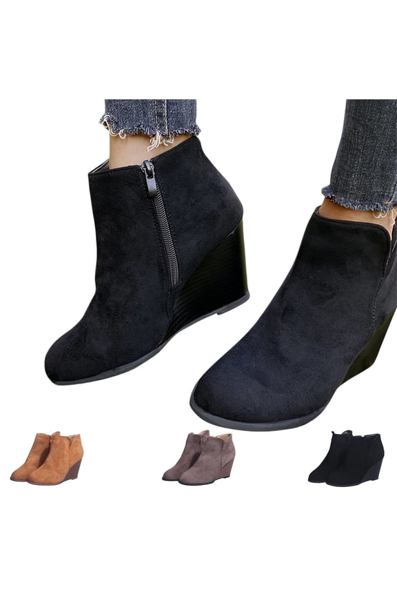 Wedge Boots for Women Fall Winter Faux Suede Warm Ankle Short Booties Non Slip Wide Calf Low Heels Shoes (Black)
