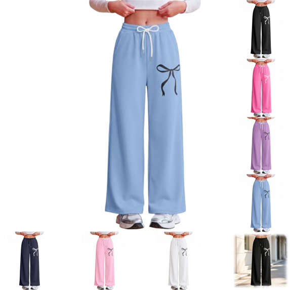 YOUYEDIAN Wide Leg Girls Sweatpants Casual Fashion Elastic Waist Bow Print Pants with Pockets